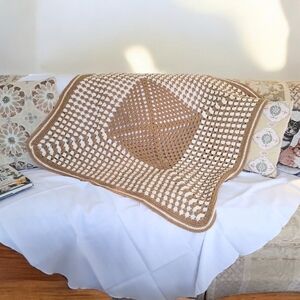 Afghan Crochet Brown White Tan Throw Blanket